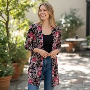 Sweet Miranda Black Floral Dress 3/4 Sleeve Medium Missing Button